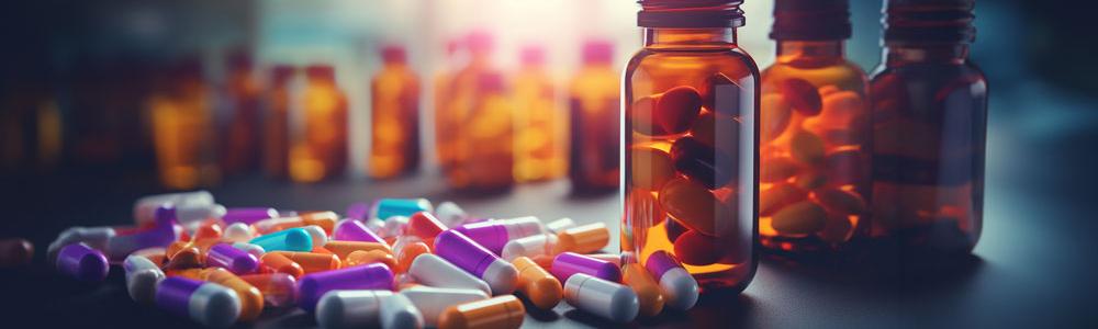 Several bottles filled with pills.