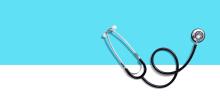 A stephoscope on a white and blue background.