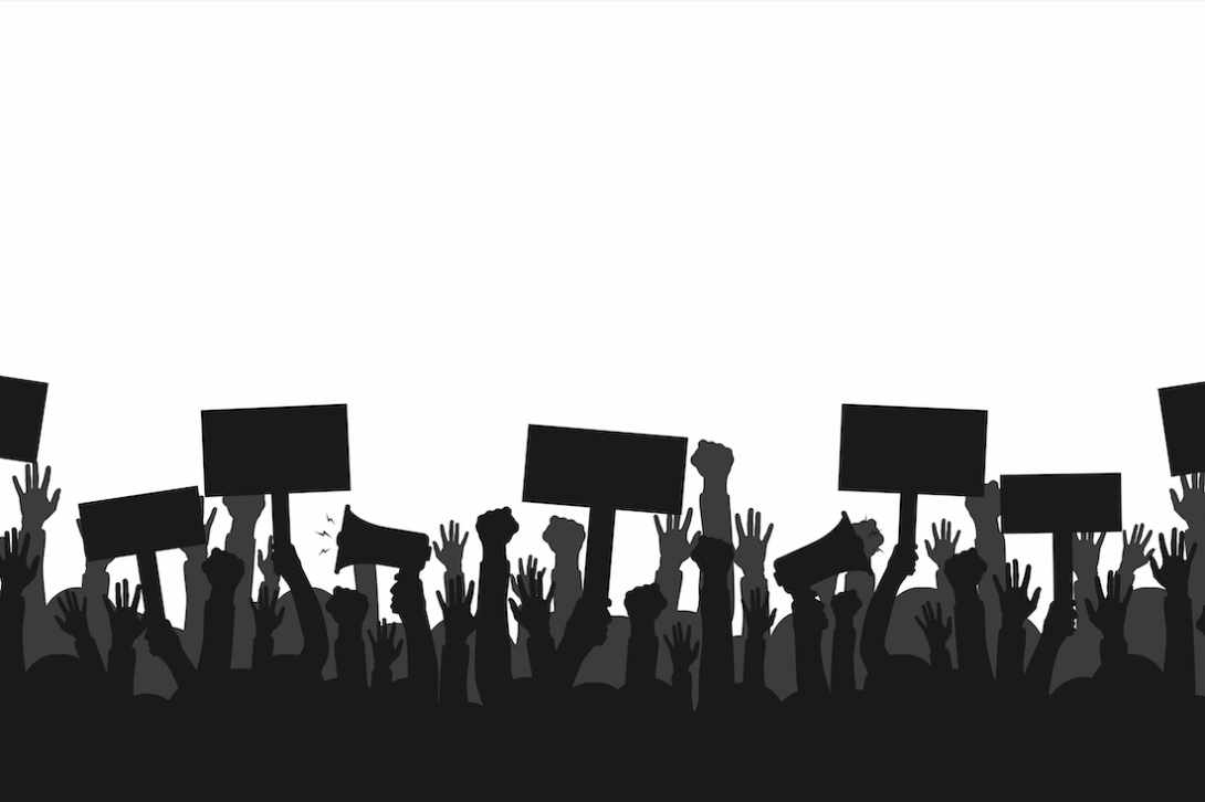 A black and white image of a protest