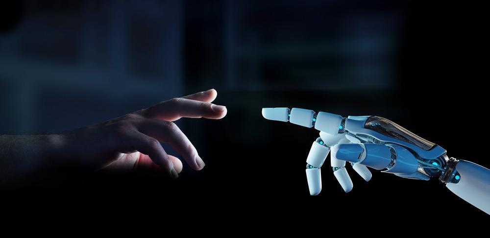 AI hand reaching to human hand.