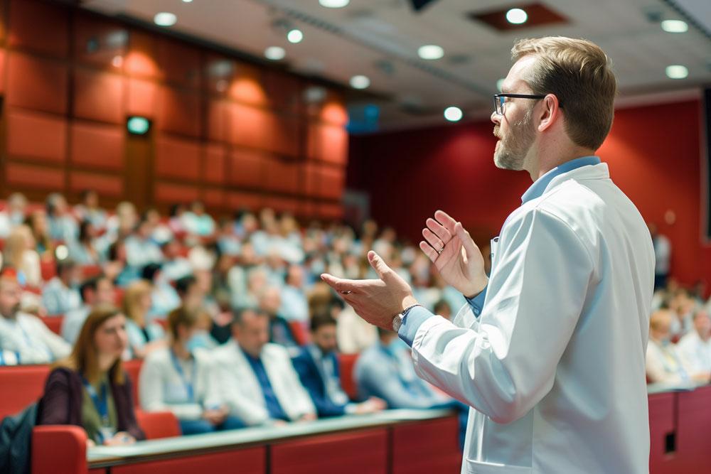 A doctor delivers a speech to a room of medical professionals.